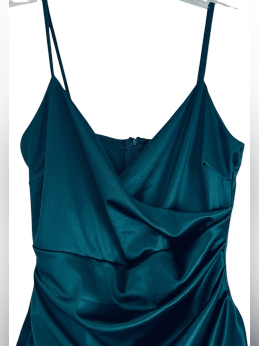 Windsor Teal Satin Ruched Tulip Hem Mini Dress - Size [L ] - Cocktail Party - Picture 3 of 7